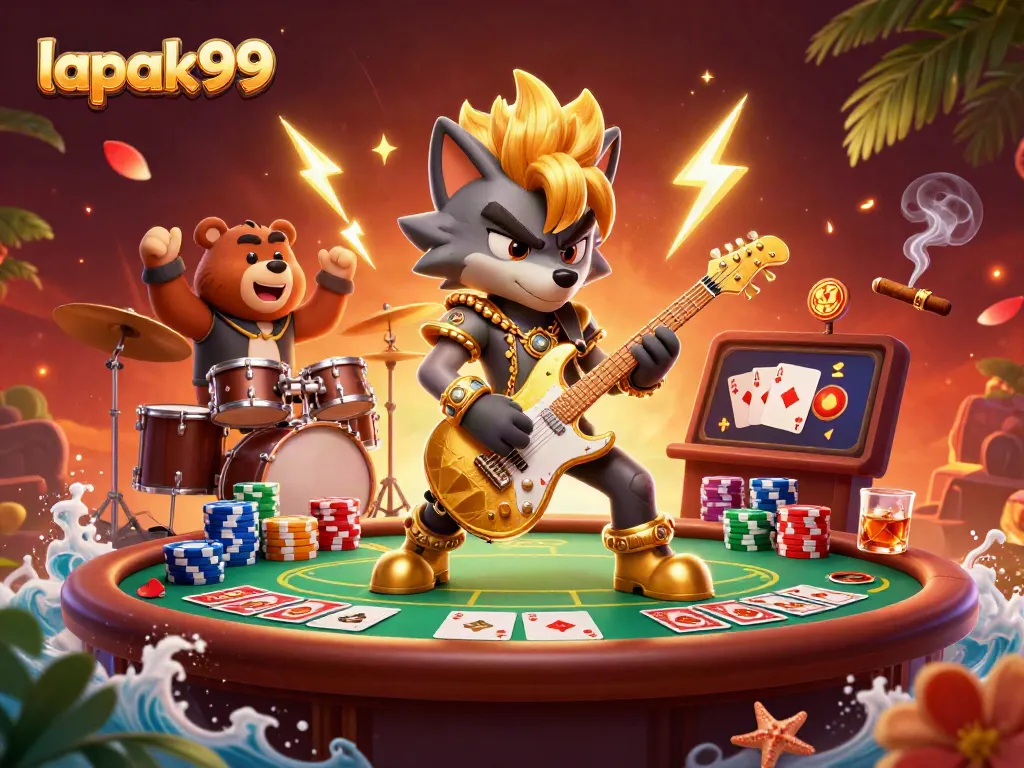 Experience thrilling moments with lapak99 as a rock star wolf and bear drummer unleash casino fun.
