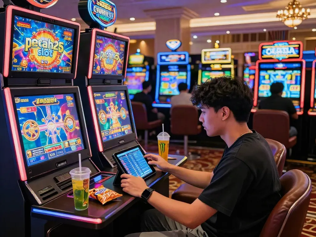 Seorang gamer berinteraksi dengan mesin slot pecah25 di kasino online yang cerah dan penuh warna.
