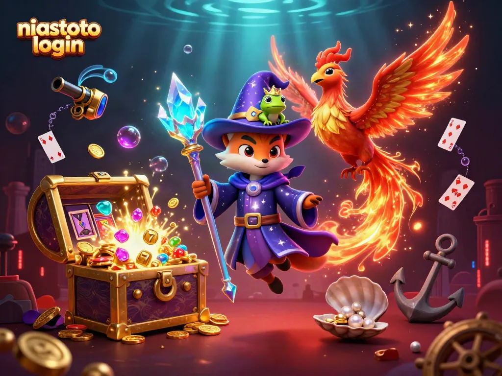Gambarkan pengalaman login niastoto dengan karakter kasino seperti rubah, phoenix, dan harta karun.