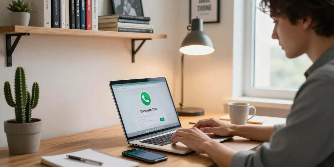 Professional using WhatsApp電腦版 in a cozy home office setting, focusing on productivity.