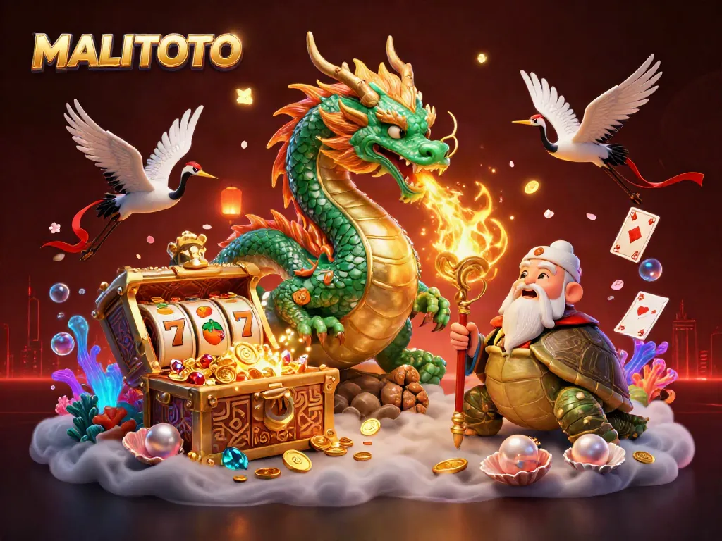 Experience the thrill of winning with MALITOTO's magical casino scene featuring a jade dragon, turtle sage, and lucky cranes.