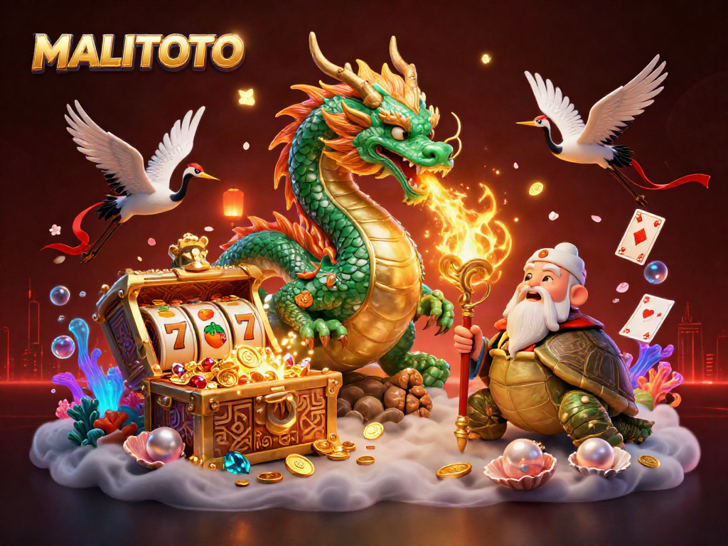 Experience the thrill of winning with MALITOTO's magical casino scene featuring a jade dragon, turtle sage, and lucky cranes.