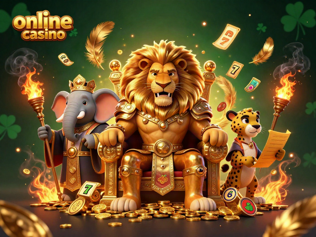 Experience thrilling online casino adventures in an ultra-detailed 3D illustration of a lion king and his advisors.