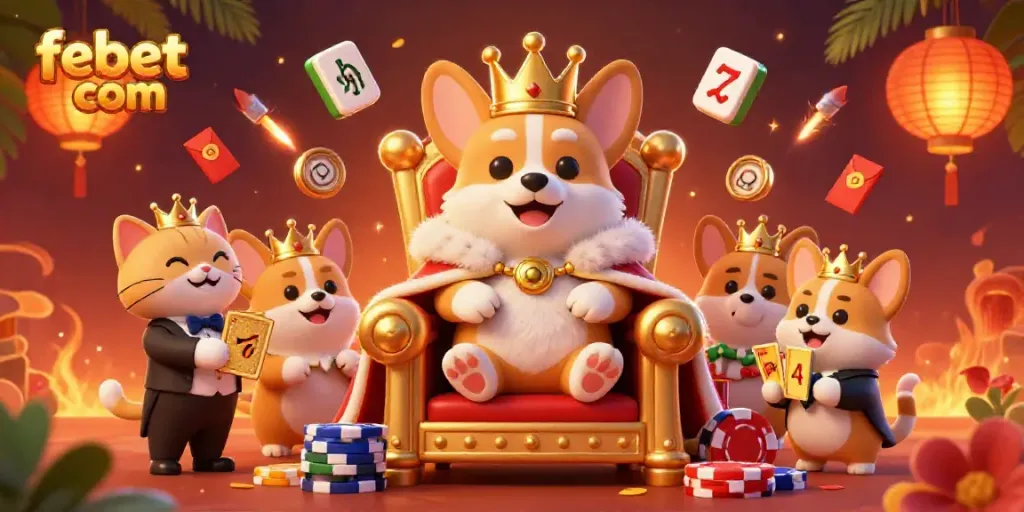 Experience the excitement with febet com in this vibrant 3D casino scene featuring royal characters surrounded by slot game elements.