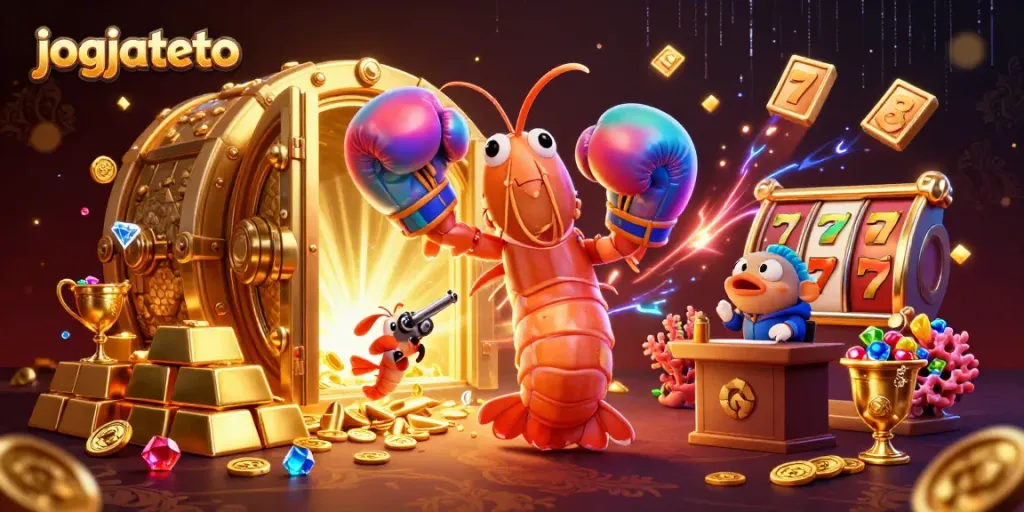 Experience thrilling action with jogjatoto as an iridescent mantis shrimp battles for riches in a vibrant casino scene.