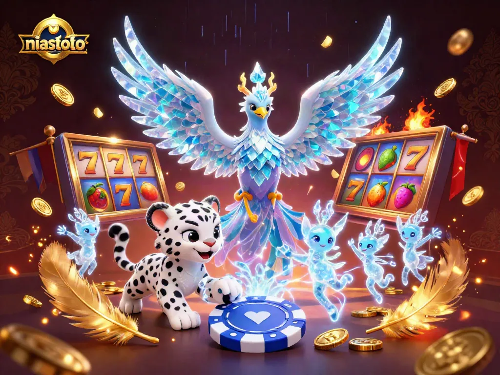 Visualisasi kaya niastoto yang menunjukkan phoenix es, anak macan tutul, dan sprite es dalam suasana kasino.