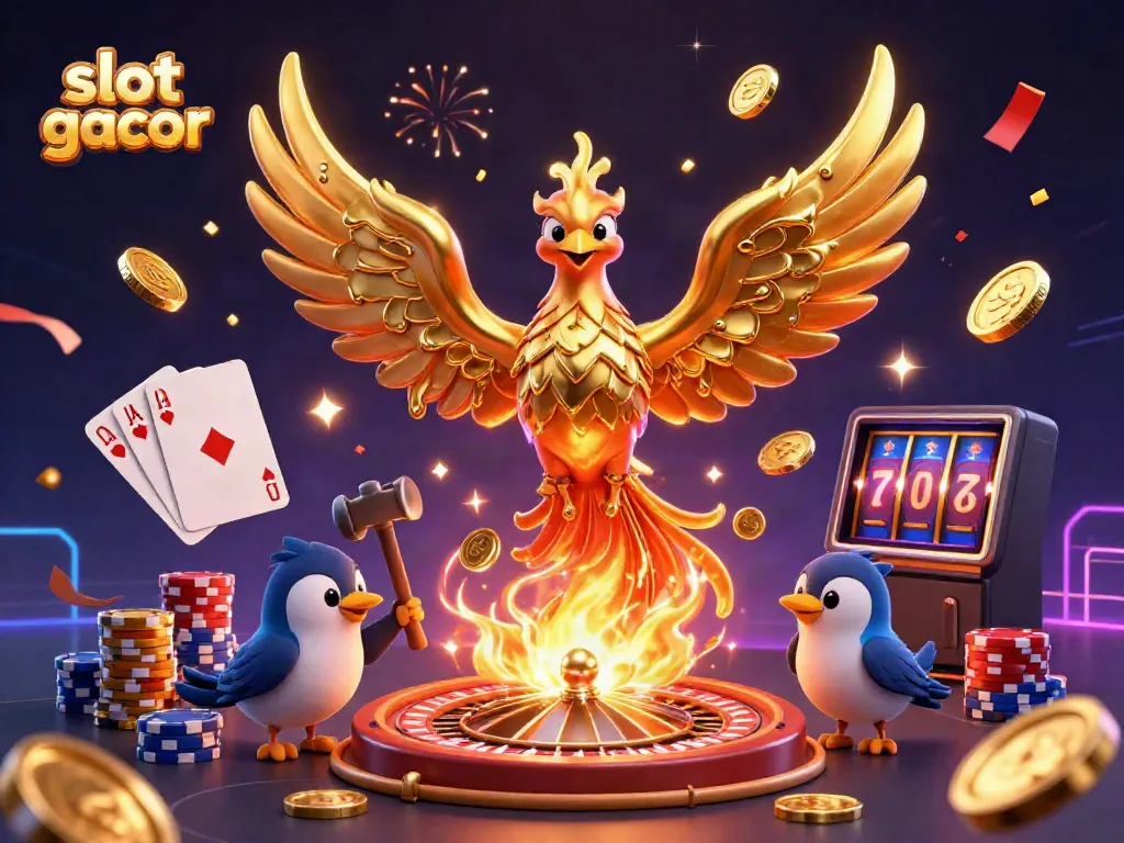 Experience slot gacor excitement with a golden phoenix and cascading coins in this vibrant 3D scene.