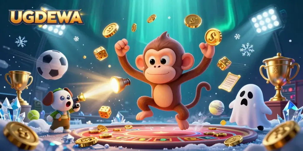 Engage with UGDEWA's immersive casino atmosphere featuring gold coins, dynamic characters, and vibrant game elements.