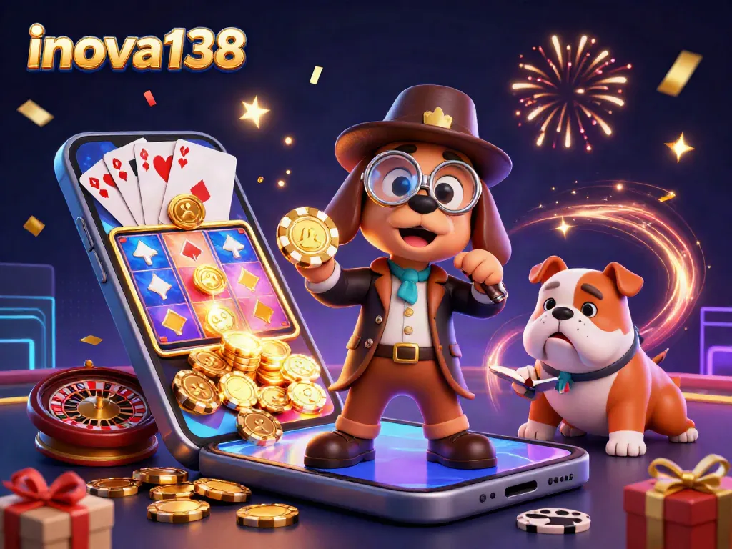 Join inova138 for thrilling gaming adventures, featuring a detective exploring poker clues amid vibrant casino elements.