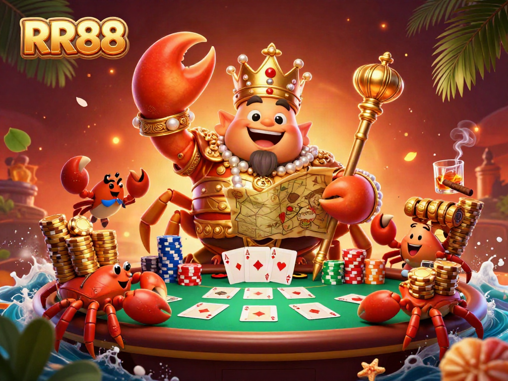 Experience the excitement of RR88in a vibrant casino scene with a golden crab and poker elements.