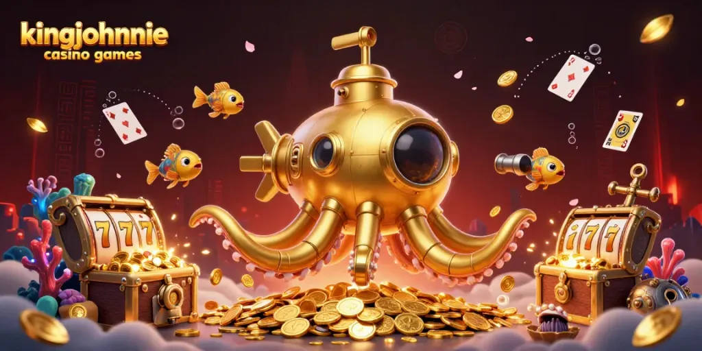 Engage in kingjohnnie casino games with a vibrant underwater adventure featuring a golden kraken submarine.