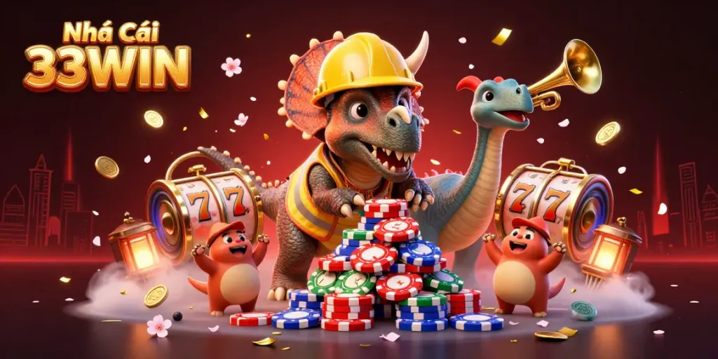 Experience the excitement of Nhà Cái 33WIN with vibrant casino-themed characters celebrating together.