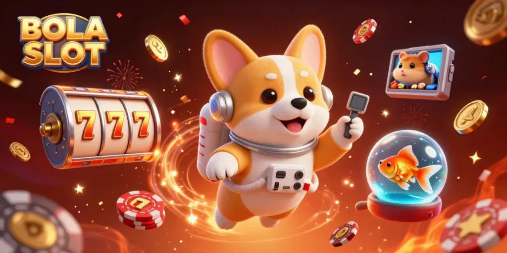 BOLA SLOT showcases an astronaut corgi in a vibrant casino scene, floating with slot reels and golden coins.
