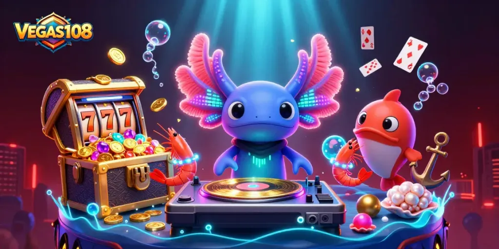 VEGAS108 menawarkan suasana perayaan kasino dengan DJ axolotl neon dan harta karun bawah laut yang meledak.