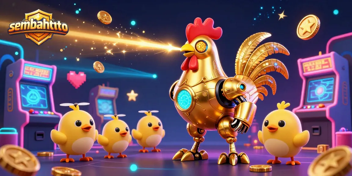 Engage with the vibrant scene showcasing sembahtoto's golden rooster robot and gaming elements.