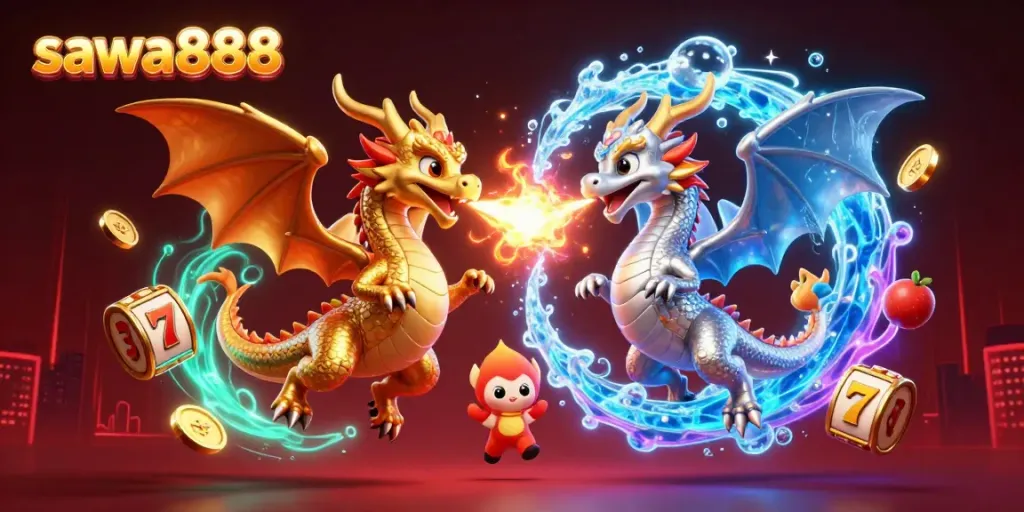 Engage with sawa888's casino adventure featuring intertwining dragons and vibrant slot game elements.