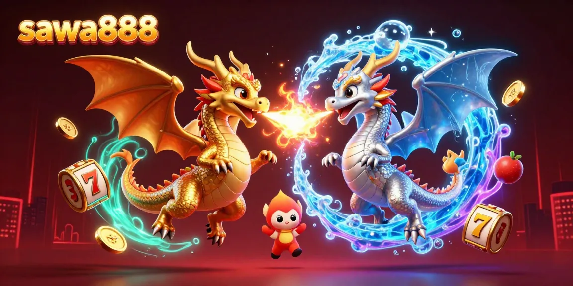 Engage with sawa888's casino adventure featuring intertwining dragons and vibrant slot game elements.