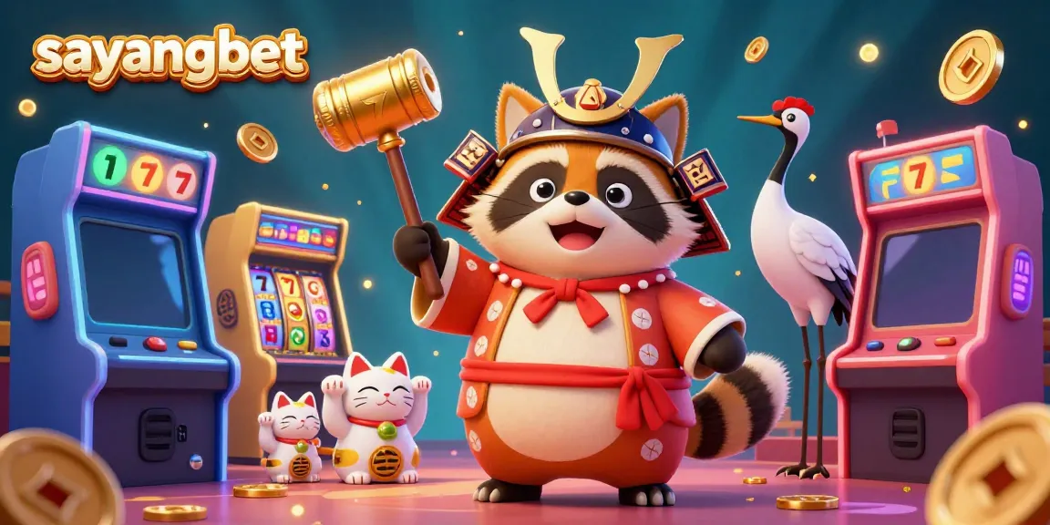 Experience the excitement of sayangbet with a vibrant 3D casino scene featuring a tanuki and fortune cats amidst neon gaming elements.