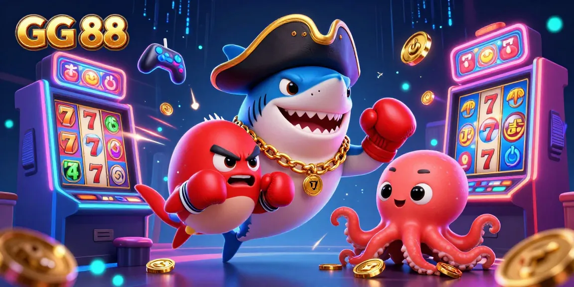 Engage with GG 88's vibrant 3D casino world featuring a playful pirate shark, pufferfish, and octopus.