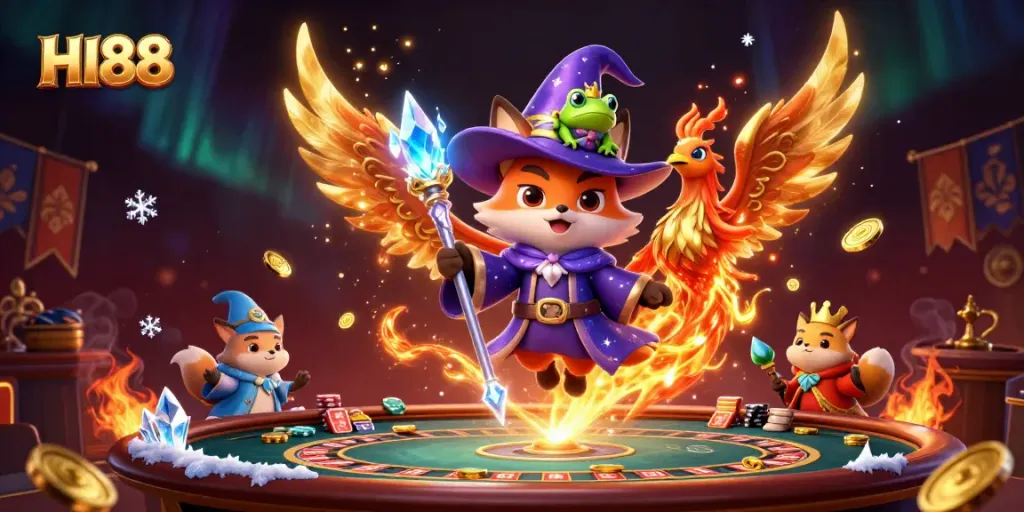 Experience the excitement of HI88 with a mystical scene featuring a wizard fox, phoenix, and live casino elements.