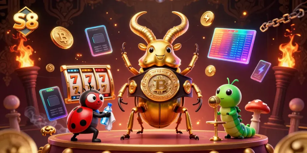 Experience the excitement of S8 with golden beetles and crypto coins in a dynamic casino scene.