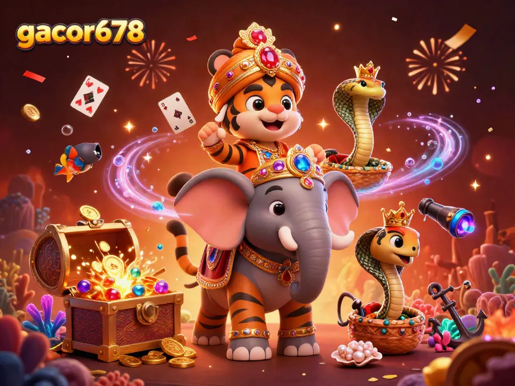Experience thrilling gaming with gacor678 featuring a maharaja tiger, jewels, and vibrant casino elements.