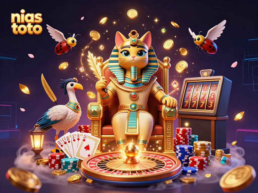 Gambarkan nias toto dengan pharaoh kucing dan elemen kasino yang dinamis.