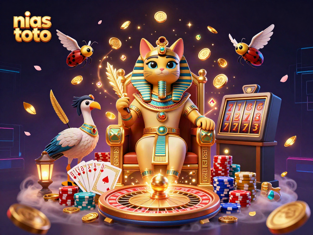 Gambarkan nias toto dengan pharaoh kucing dan elemen kasino yang dinamis.