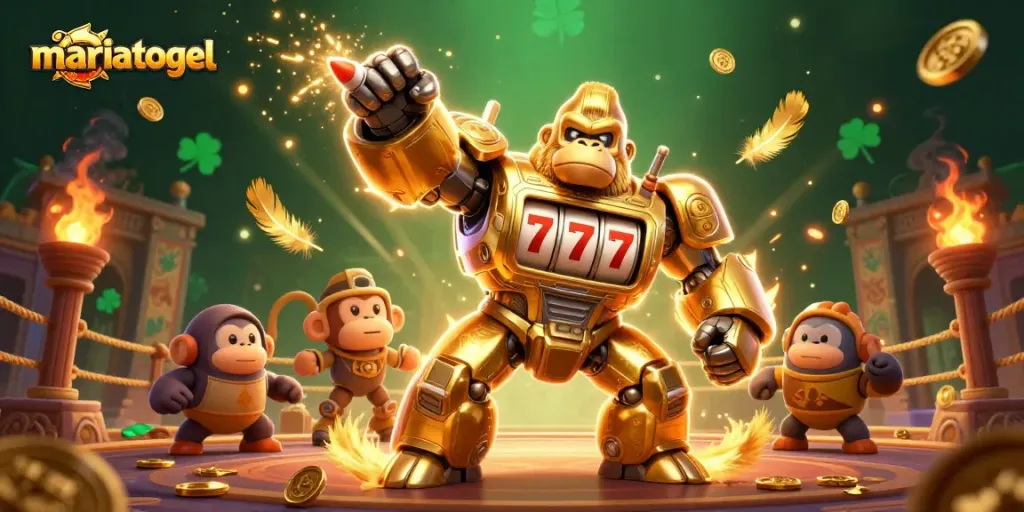 Experience thrilling gameplay with mariatogel, featuring a golden gorilla mech with slot machine elements and vibrant energy.