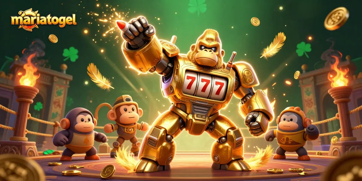 Experience thrilling gameplay with mariatogel, featuring a golden gorilla mech with slot machine elements and vibrant energy.