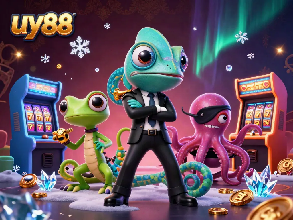 Play exciting slots with uy88 in a vibrant casino universe featuring a colorful 3D scene.