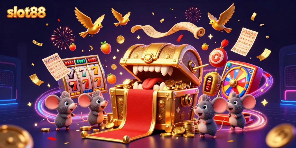 Experience slot88 excitement with vivid treasure chests, charismatic mice, and vibrant casino elements.