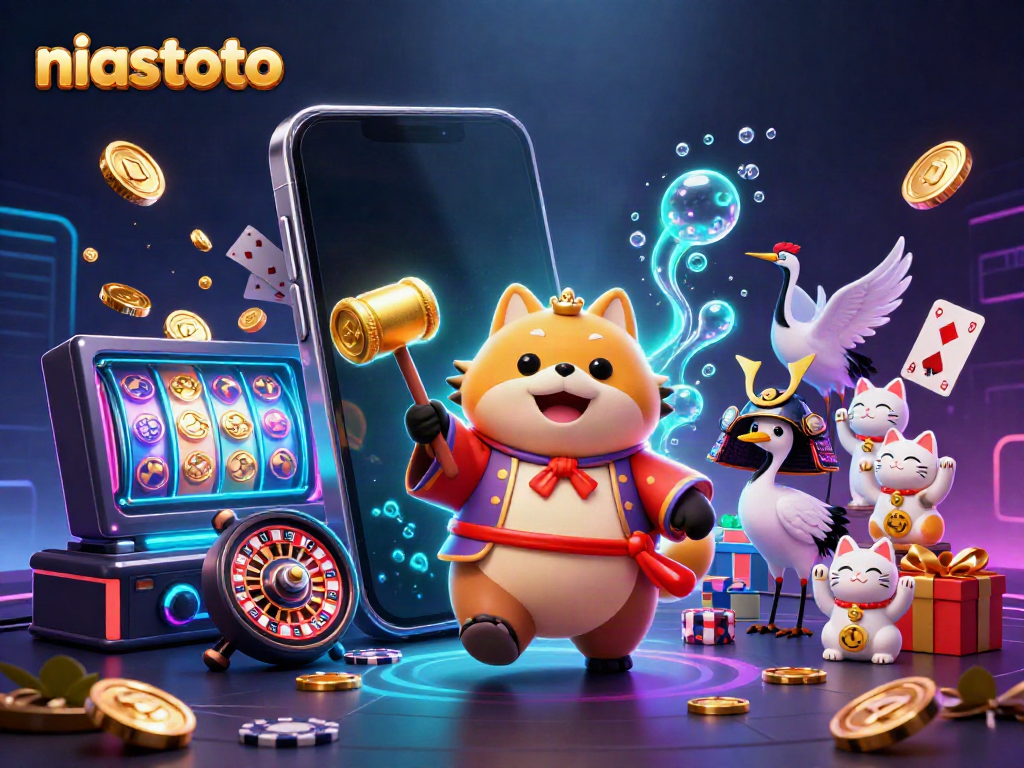 Experience the excitement at niastoto with a gaming scene featuring a cheerful tanuki, lucky symbols, and vibrant slot elements.