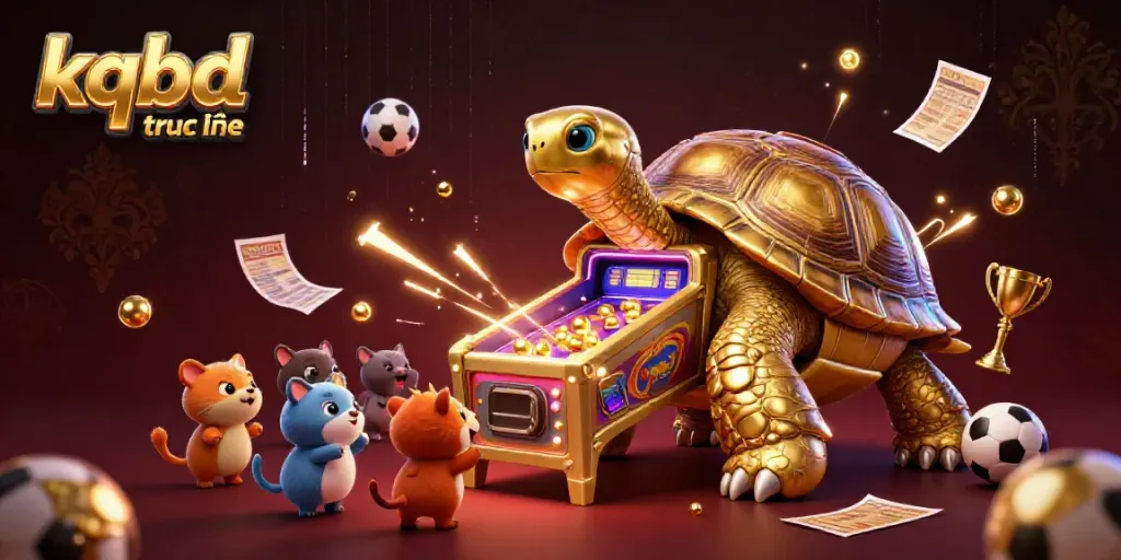 Experience kqbd truc tuyến with a vibrant illustration of a golden tortoise engaging in dynamic sports betting activities.
