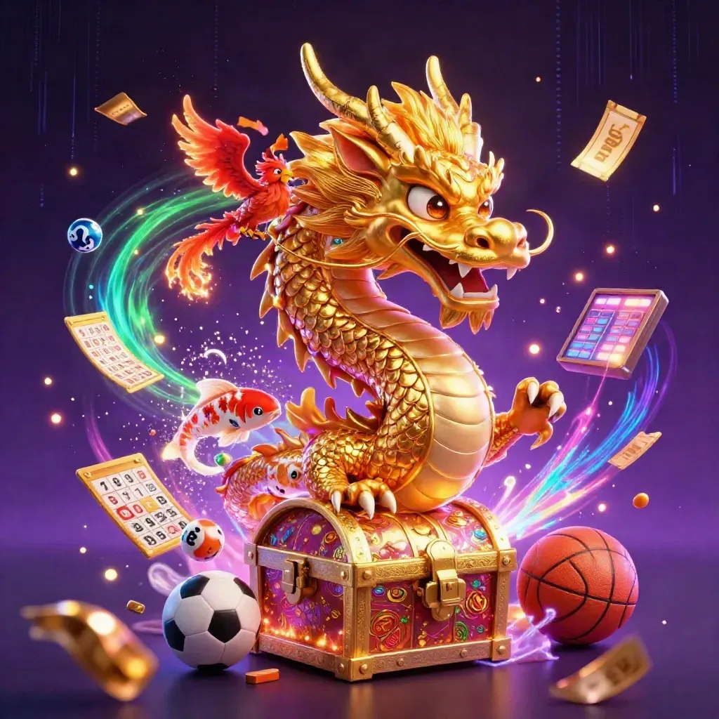 Naga emas, phoenix merah, ikan koi, bola lotre, roda hadiah, dan efek neon di latar ungu gelap.
