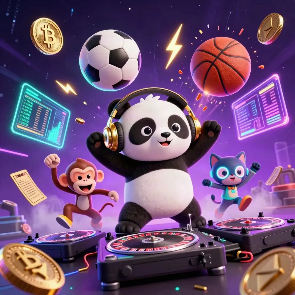 Panda DJ, monyet breakdance, dan kucing rave di tengah bola, koin crypto, dan kilat neon.