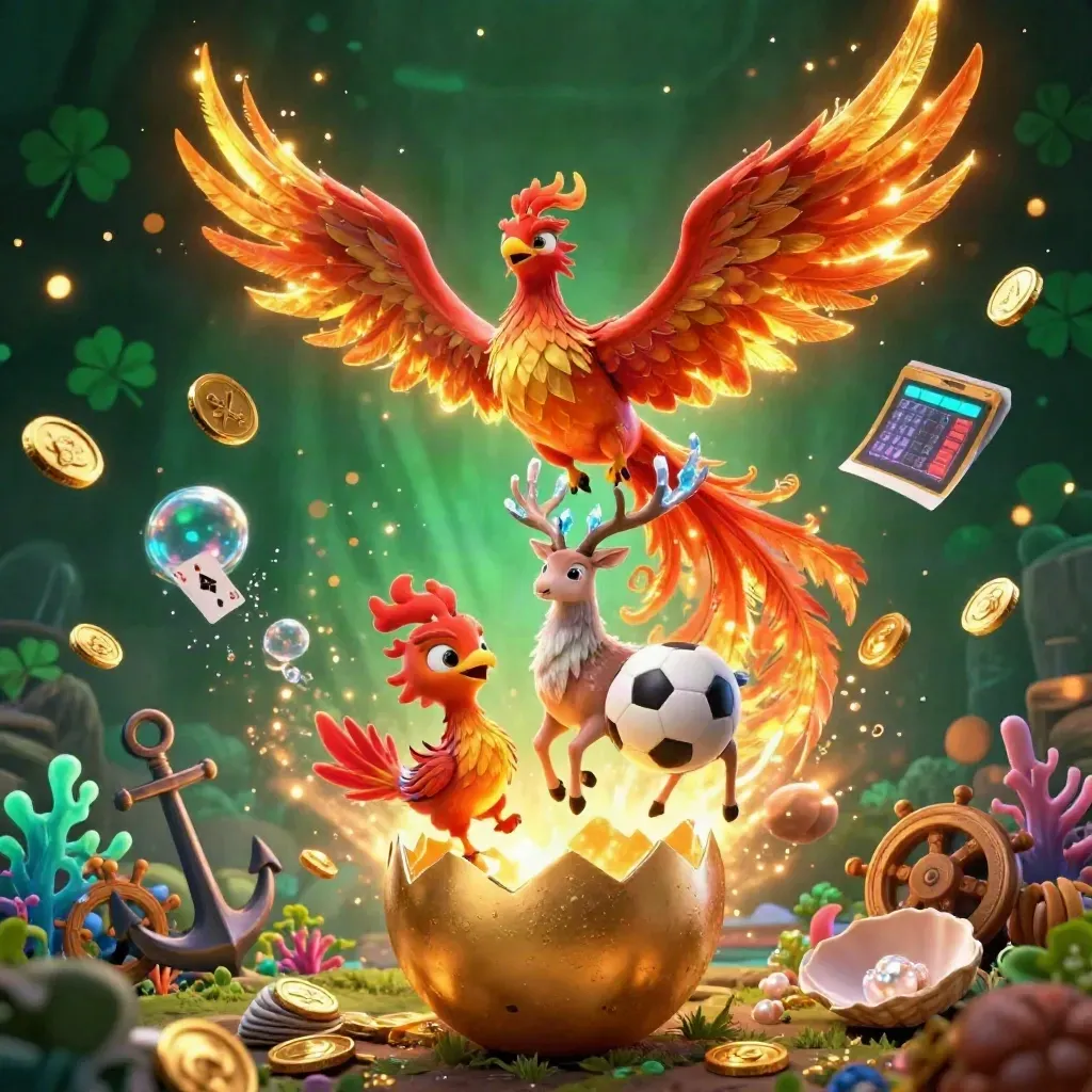 Phoenix api, rusa kristal, dan bola sepak di tengah efek koin dan cahaya neon.