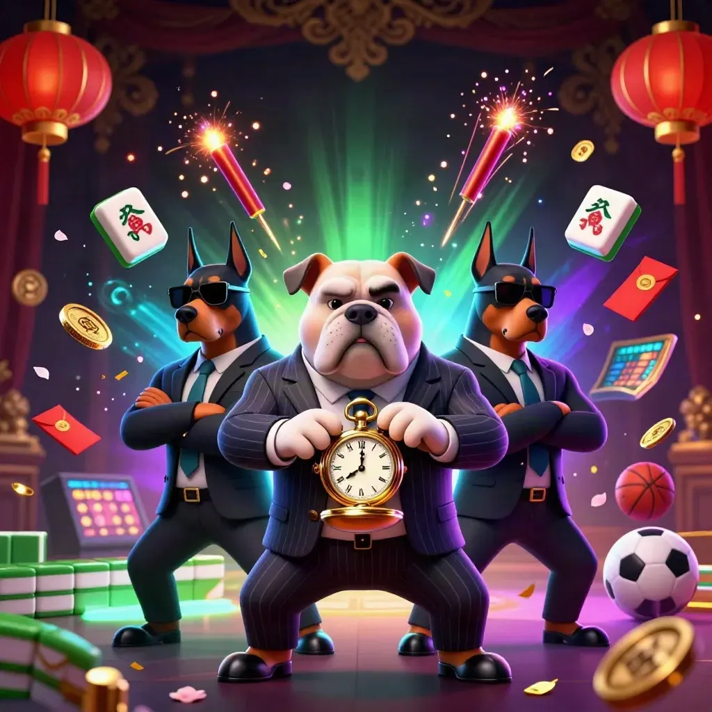 Bulldog mafia 3D dan dua bodyguard Doberman dikelilingi mahjong, lampion, dan neon emas.