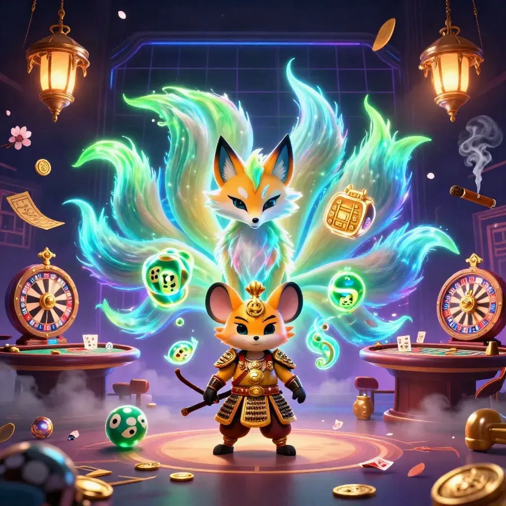 Rubah roh sembilan ekor dan tikus samurai emas di ruang kasino neon mewah.