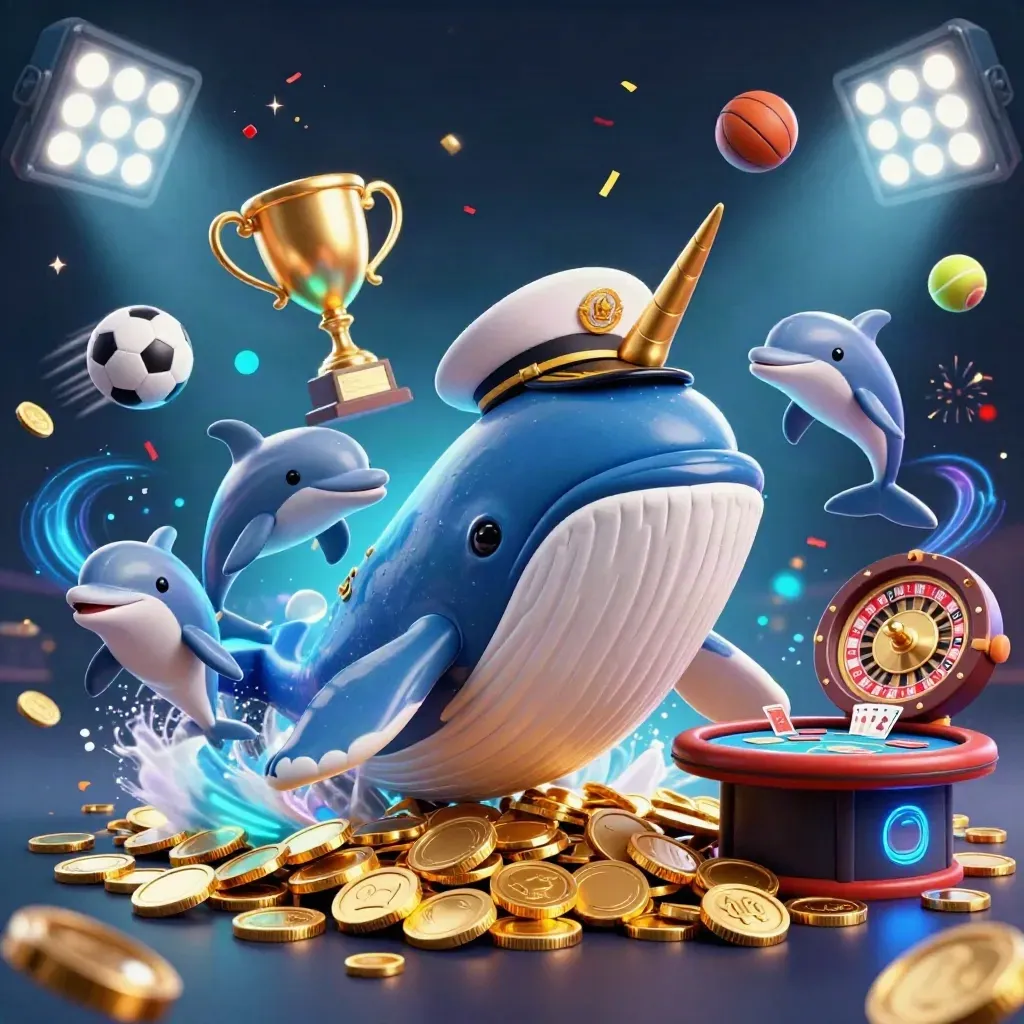 Paus kartun kapten, narwhal, dan lumba-lumba di lautan koin, kilau neon casino premium.