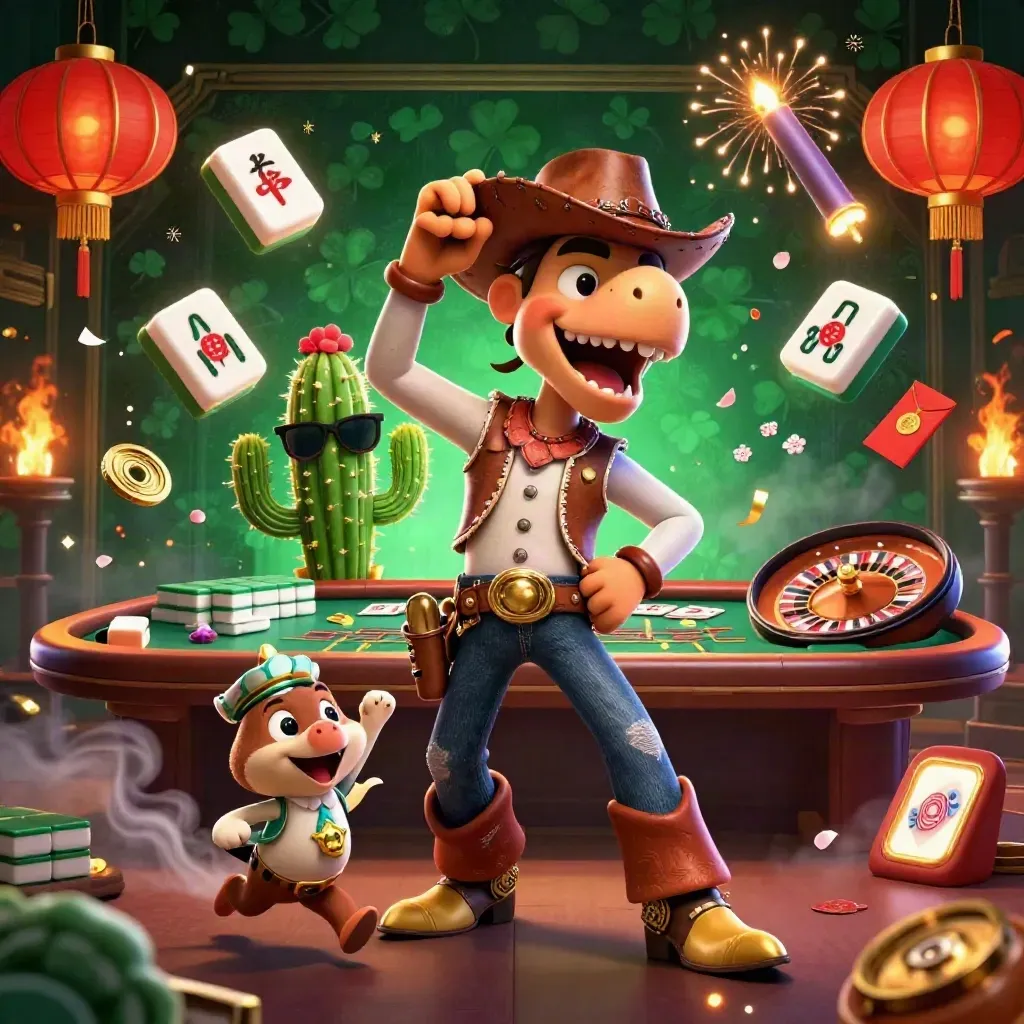 T-Rex koboi, kaktus, dan roadrunner di kasino neon dengan ubin mahjong dan lampion merah.