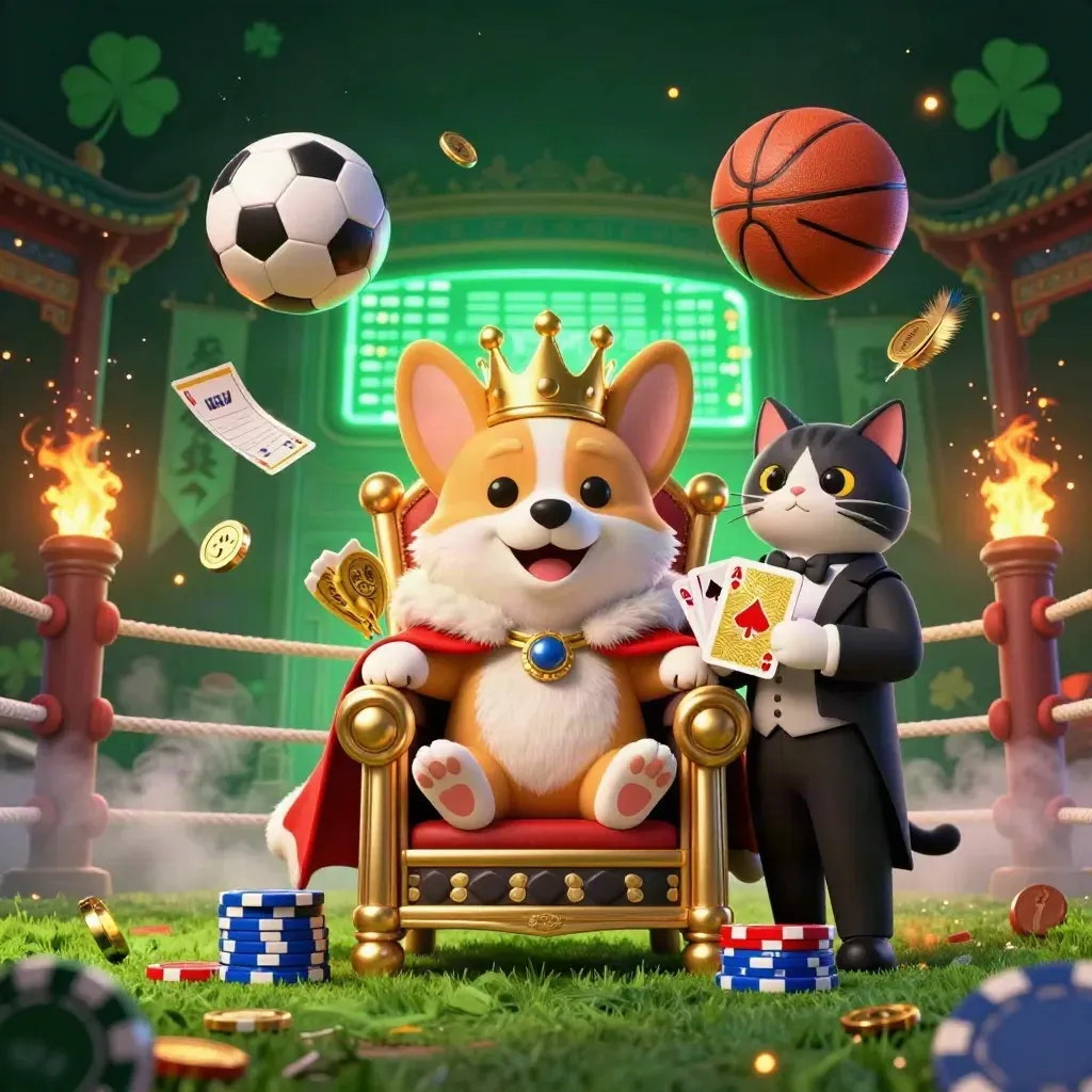 Corgi raja dan kucing pelayan di arena emas, bola dan koin melesat