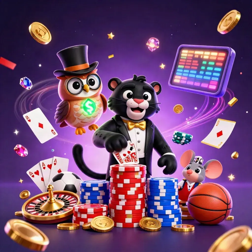 Panther, burung hantu, dan tikus kasino dikelilingi koin, kartu, bola olahraga, dan efek neon