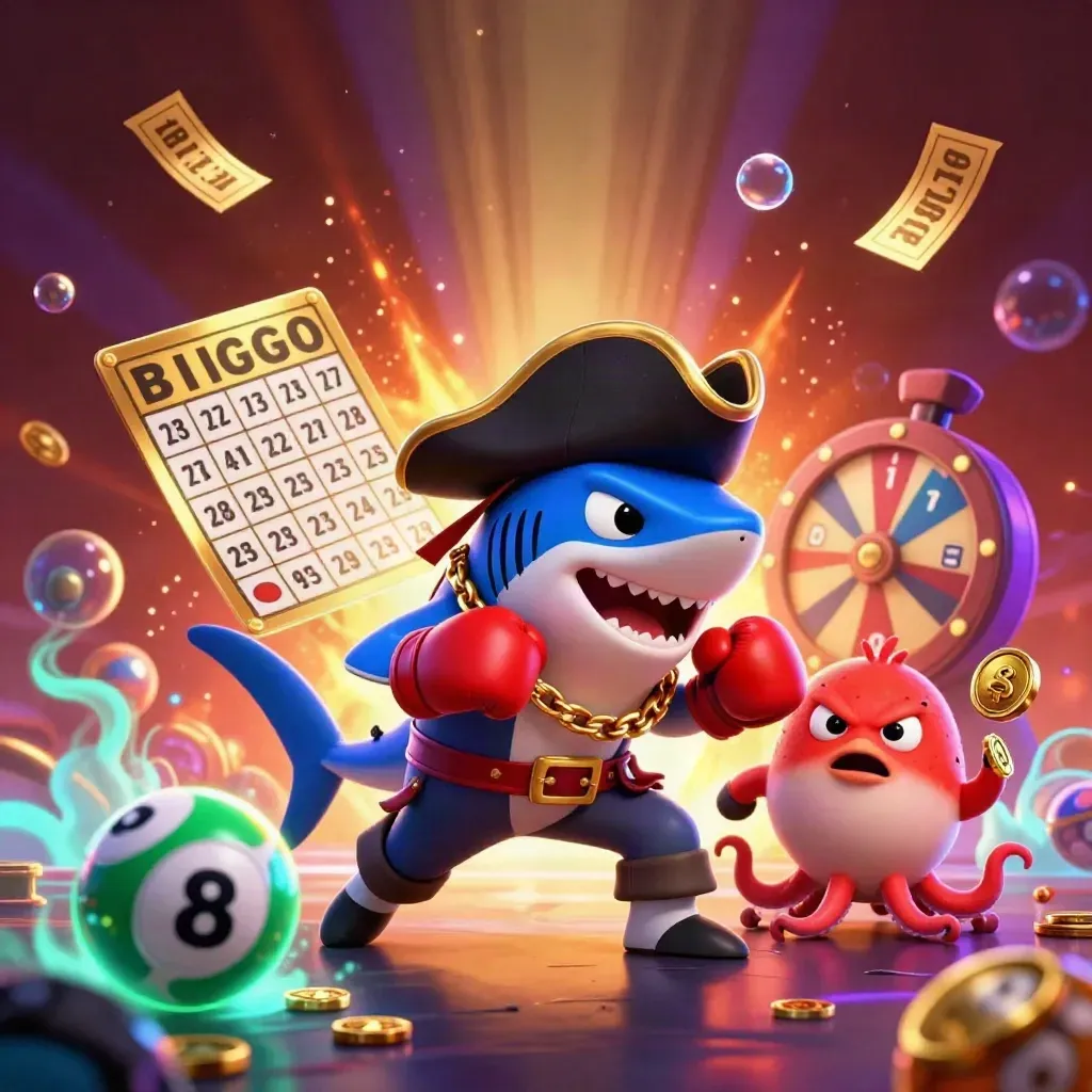Hiu bajak laut, ikan buntal, dan gurita kecil dikelilingi koin, bola lotto, dan cahaya biru neon.