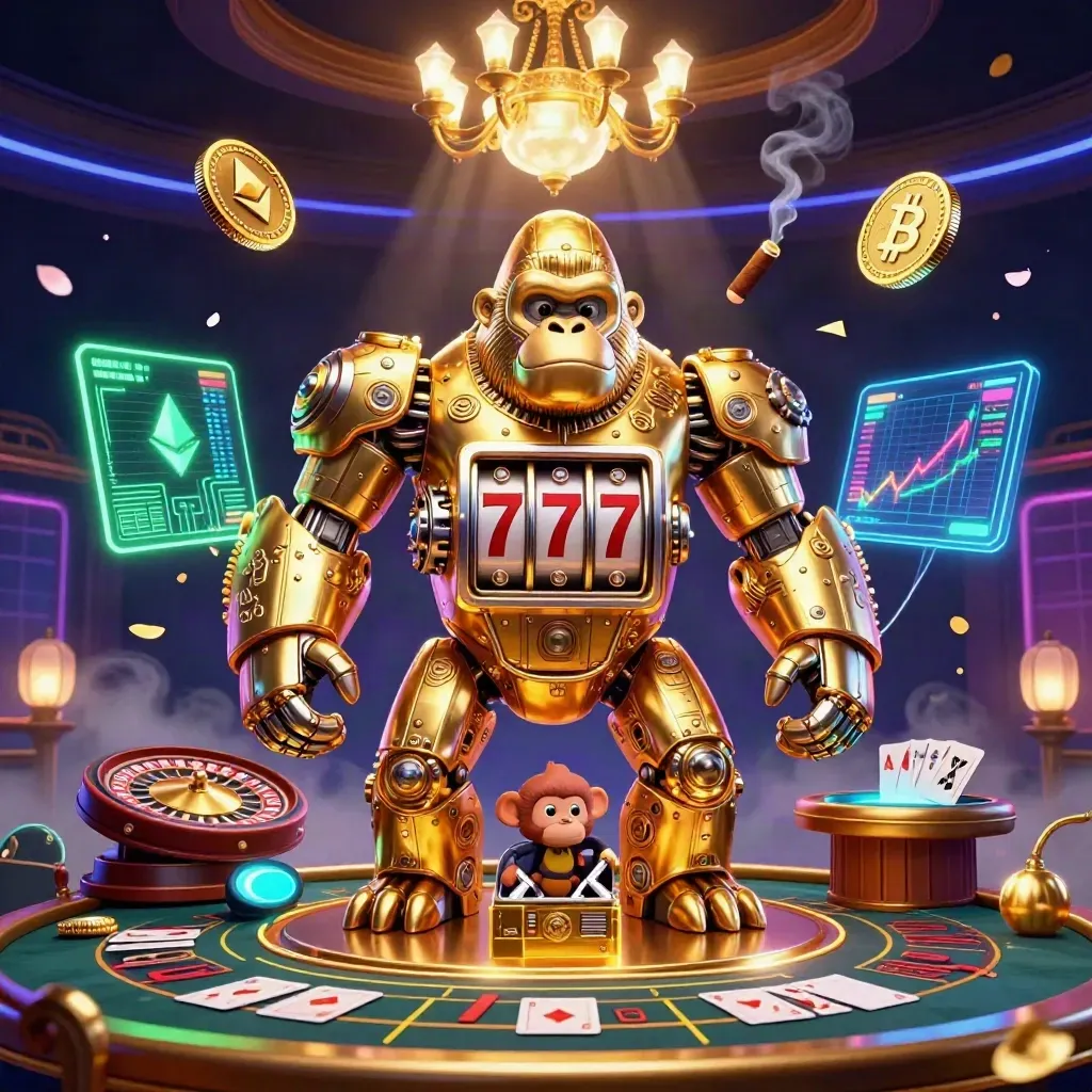 Gorila mech emas dan monyet pilot di kasino neon, dikelilingi koin kripto dan meja kartu