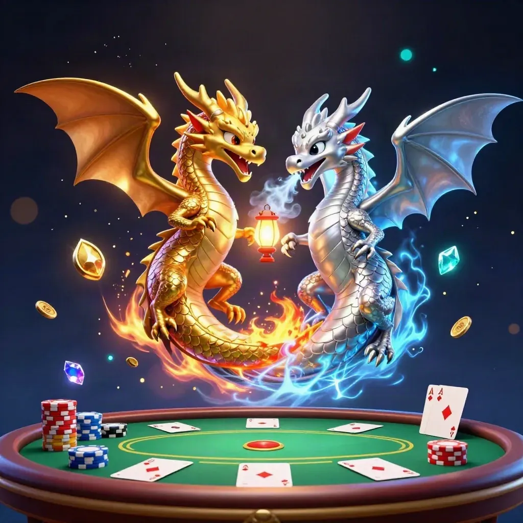 Dua naga 3D emas dan perak saling melilit, menyemburkan api dan es di atas meja poker bercahaya.