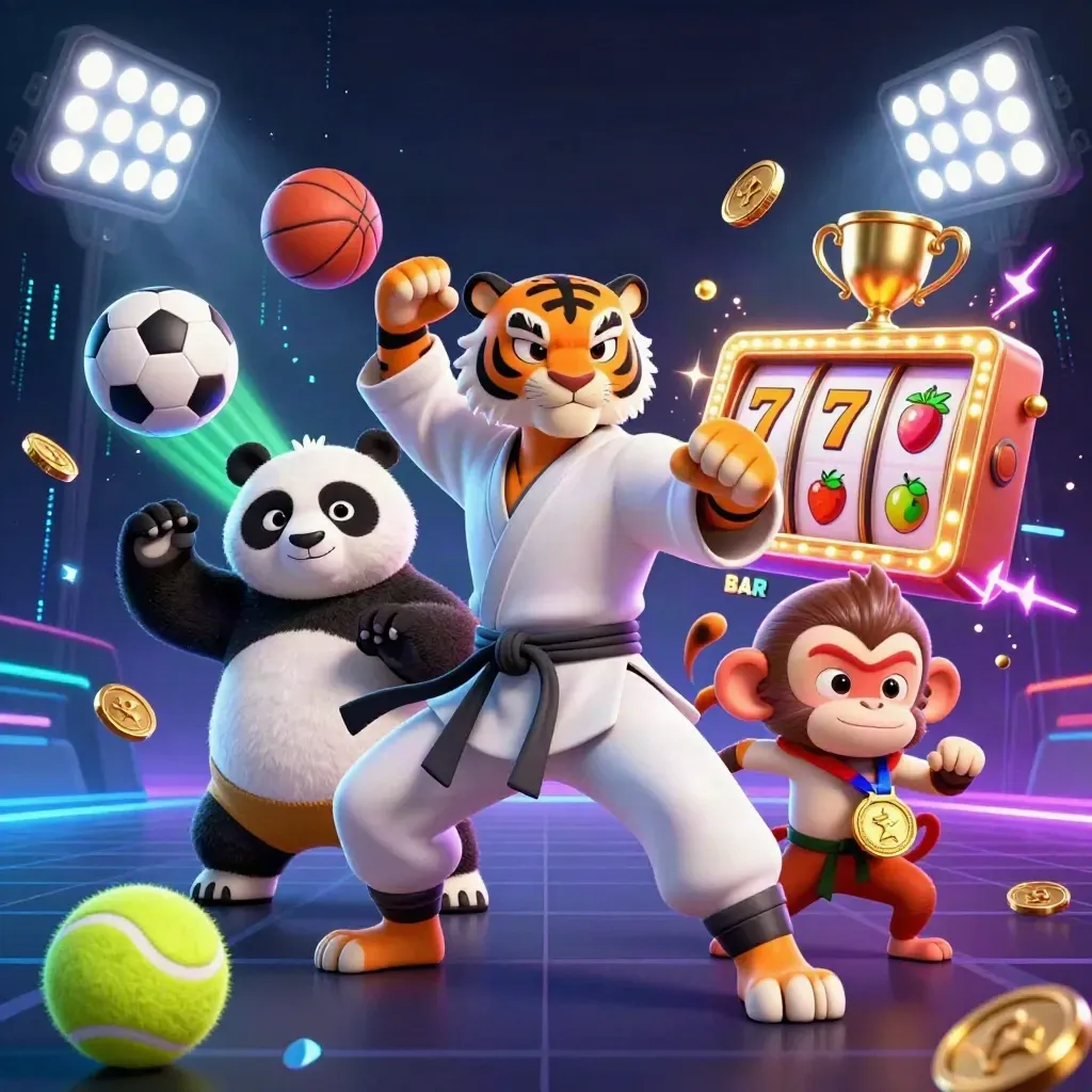Harimau kung-fu, panda, dan monyet dikelilingi bola, trofi, koin, dan kilat neon hijau.