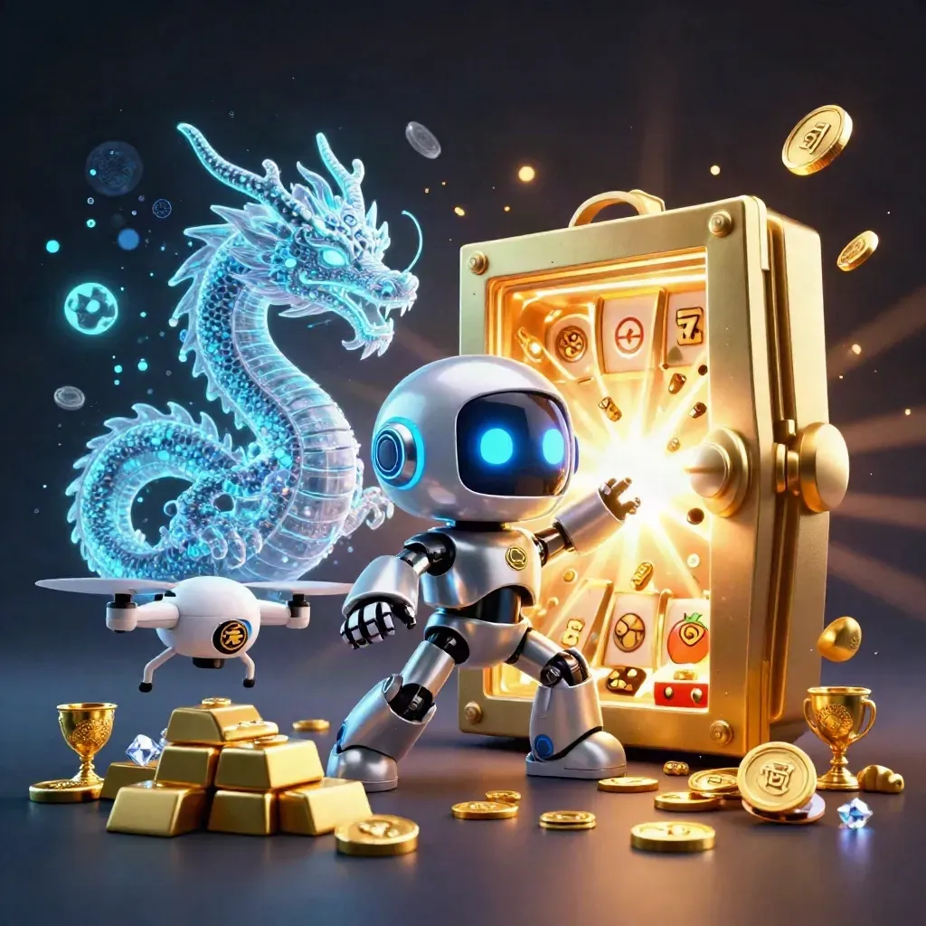 Robot cyberpunk, naga hologram, dan drone membuka brankas emas dengan permata berhamburan.