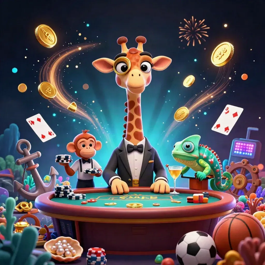 Giraffe kasino, monyet valet, dan bunglon bartender dikelilingi koin, harta karun, dan cahaya neon.