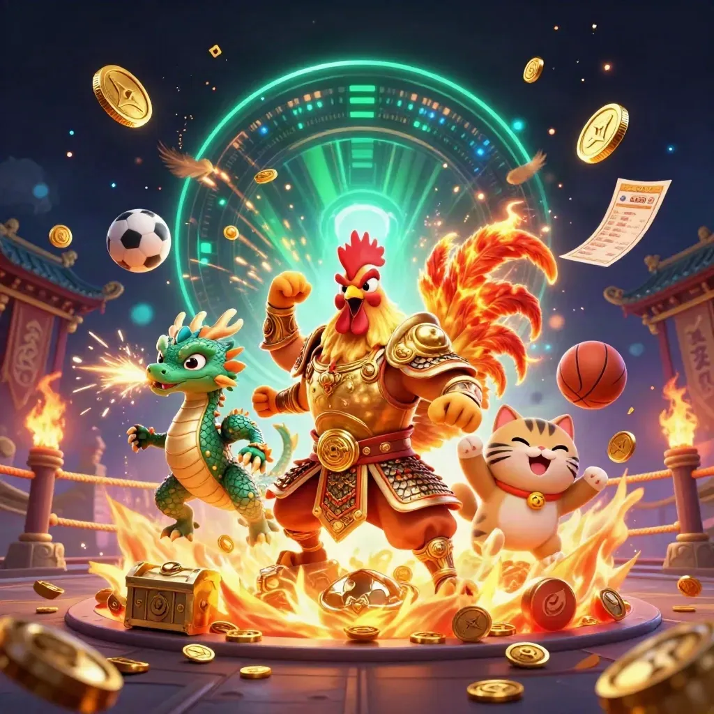 Ayam samurai, naga kecil, dan kucing hoki dikelilingi koin emas, bola, dan efek neon